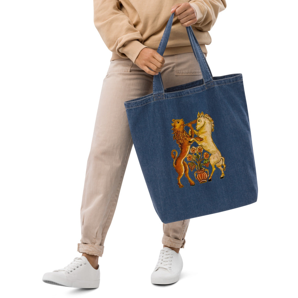 Jewish magical creatures organic denim tote bag- "The Lion and the Unicorn"